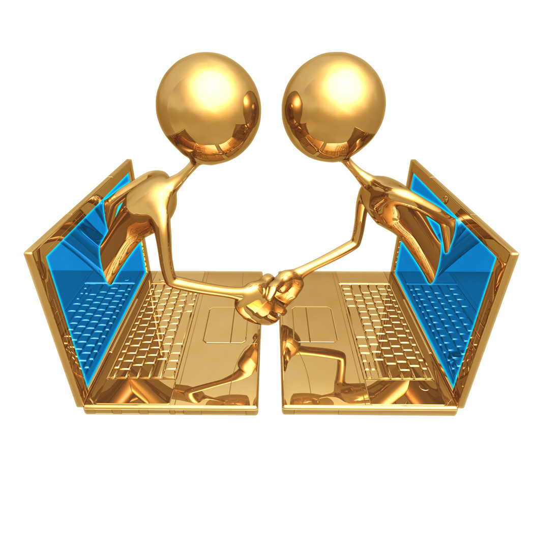 Two golden laptops, keyboard-to-keyboard, with golden stick figure torsos leaning from the monitors to shake hands