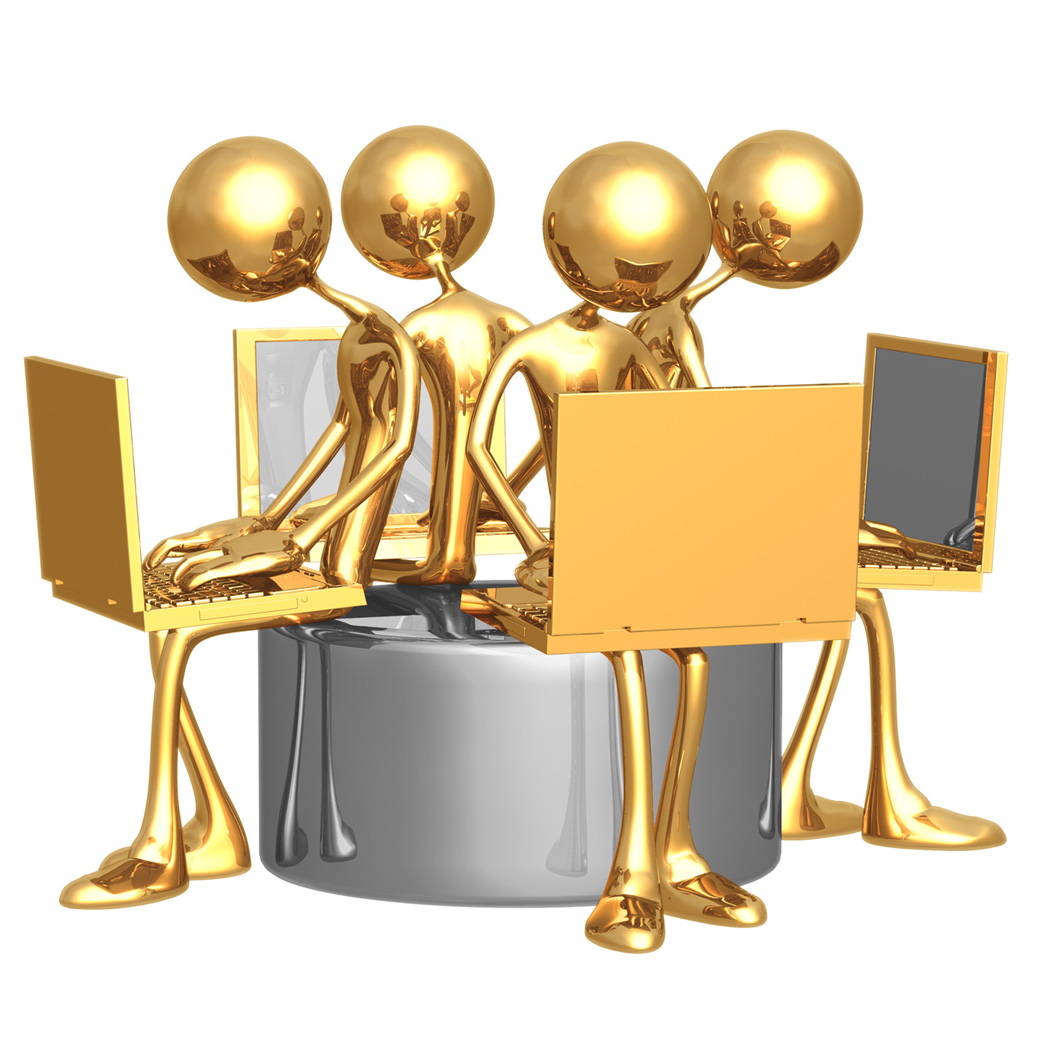 Four golden stick figures sitting back to back, each with a laptop